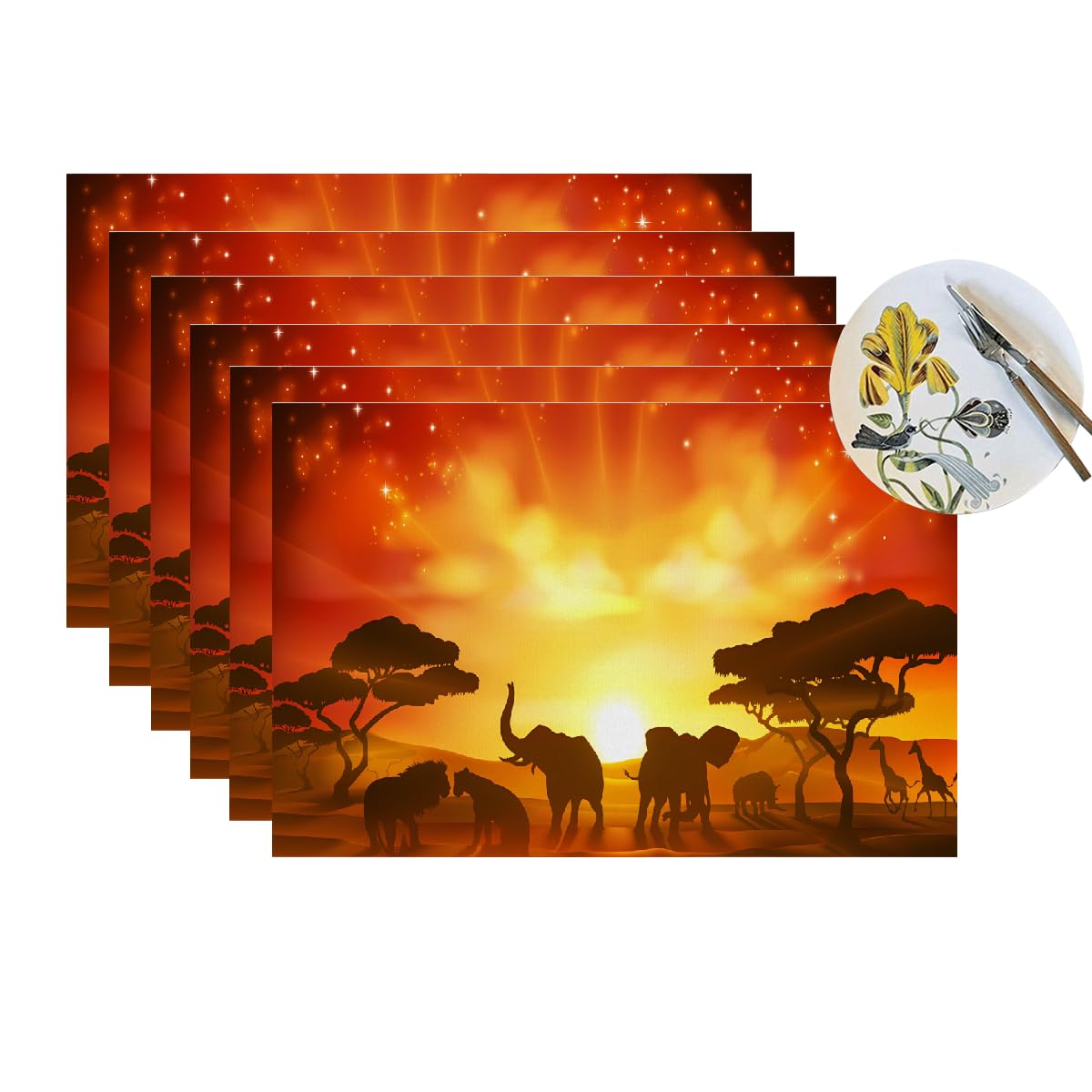 Set di 6 tovagliette all'americana con elefante africano, lavabili e resistenti al calore, in vinile PVC, per cucina, sala da pranzo, decorazione per tavolo