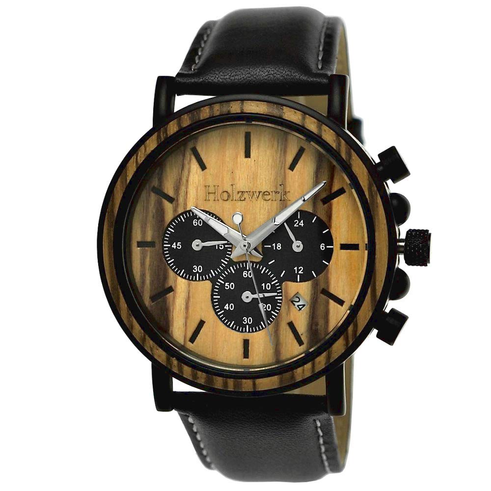 Ręcznie wykonany Holzwerk Germany® designerski zegarek męski ekologiczny naturalny drewniany zegarek chronograf zegarek na rękę analogowy zegarek kwarcowy brązowy czarny data drewno tarcza, czarno-brązowy