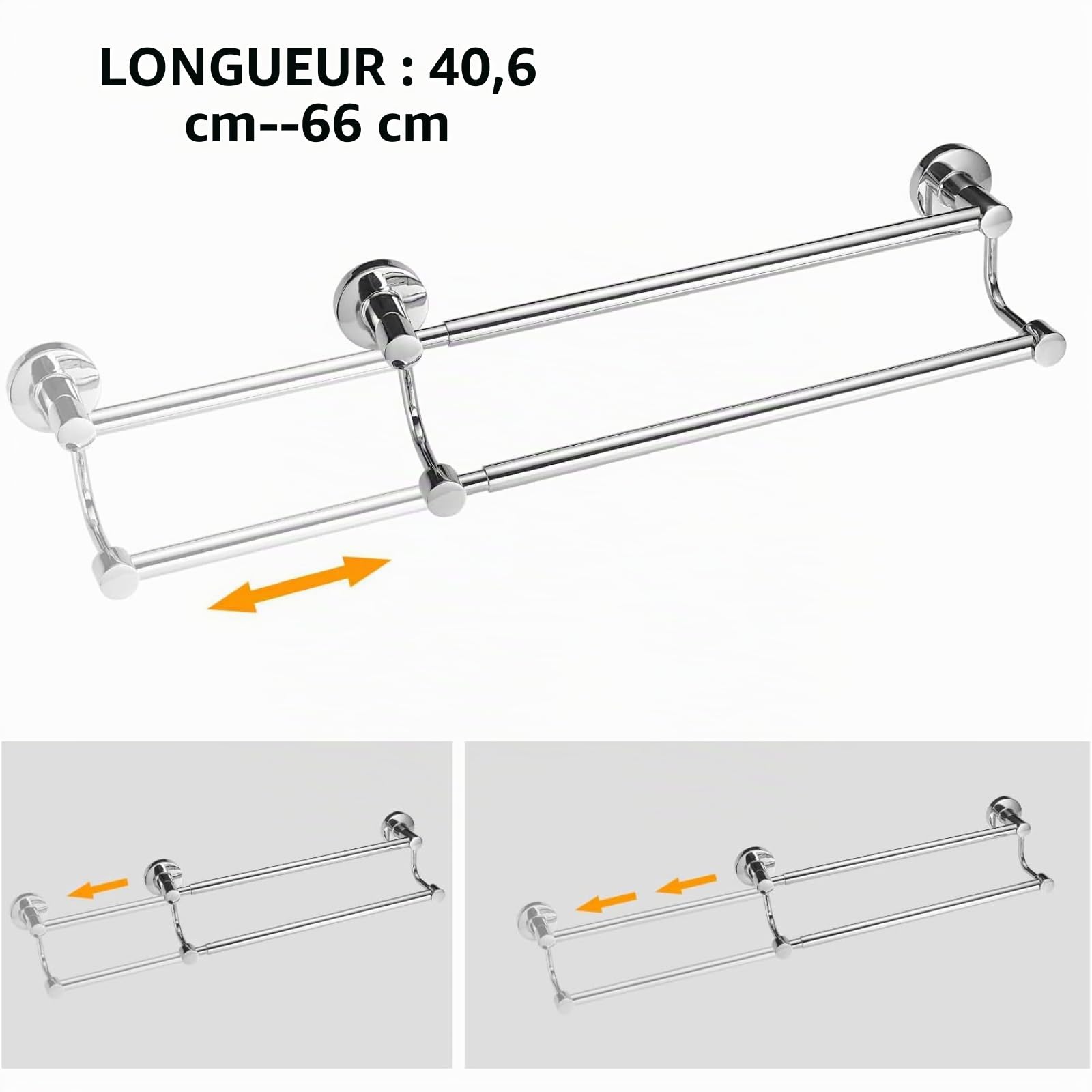 BESy Double Barre de Serviette de Bain réglable de 41,9 à 72,1 cm pour Salle de Bain en Acier Inoxydable SUS304, Support Mural de Style hôtel avec vis, Barre Porte-Serviette, Finition Chrome Poli