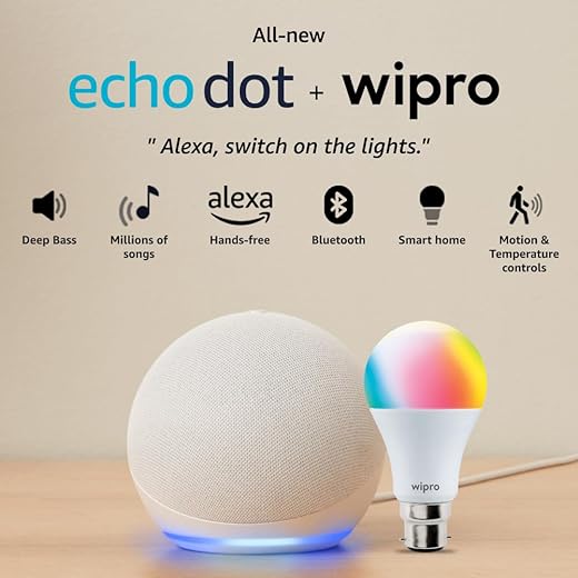 Amazon Echo Dot (5th Gen, White) Combo with Wipro 9W LED Smart Color Bulb