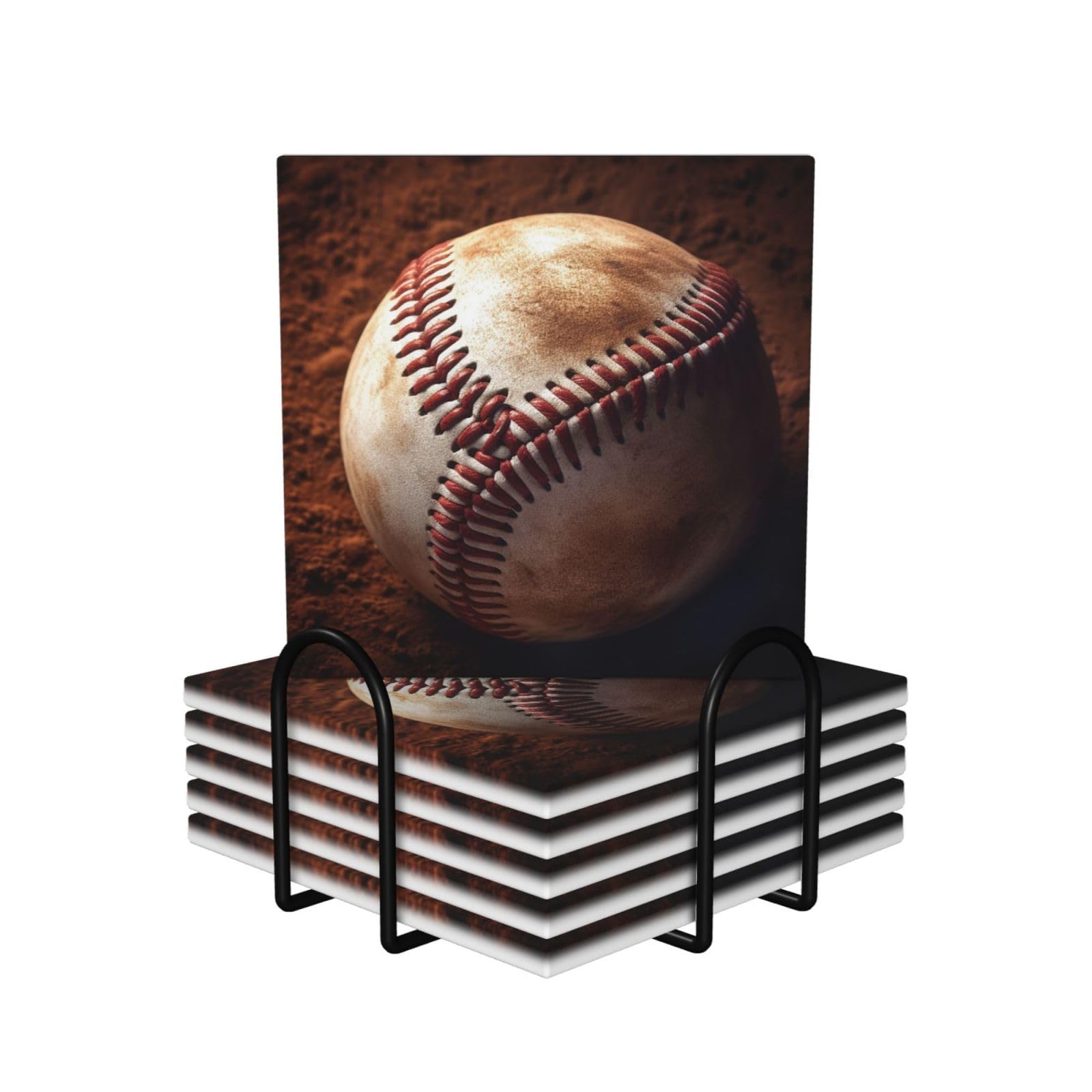 6Pcs Ceramics Coaster for Drinks, Baseball Cup Coasters with Holder, Aesthetic Drink Coasters for Coffee Table, Absorbent Round Coaster for Tabletop Protection 4" Cup Mat Pad