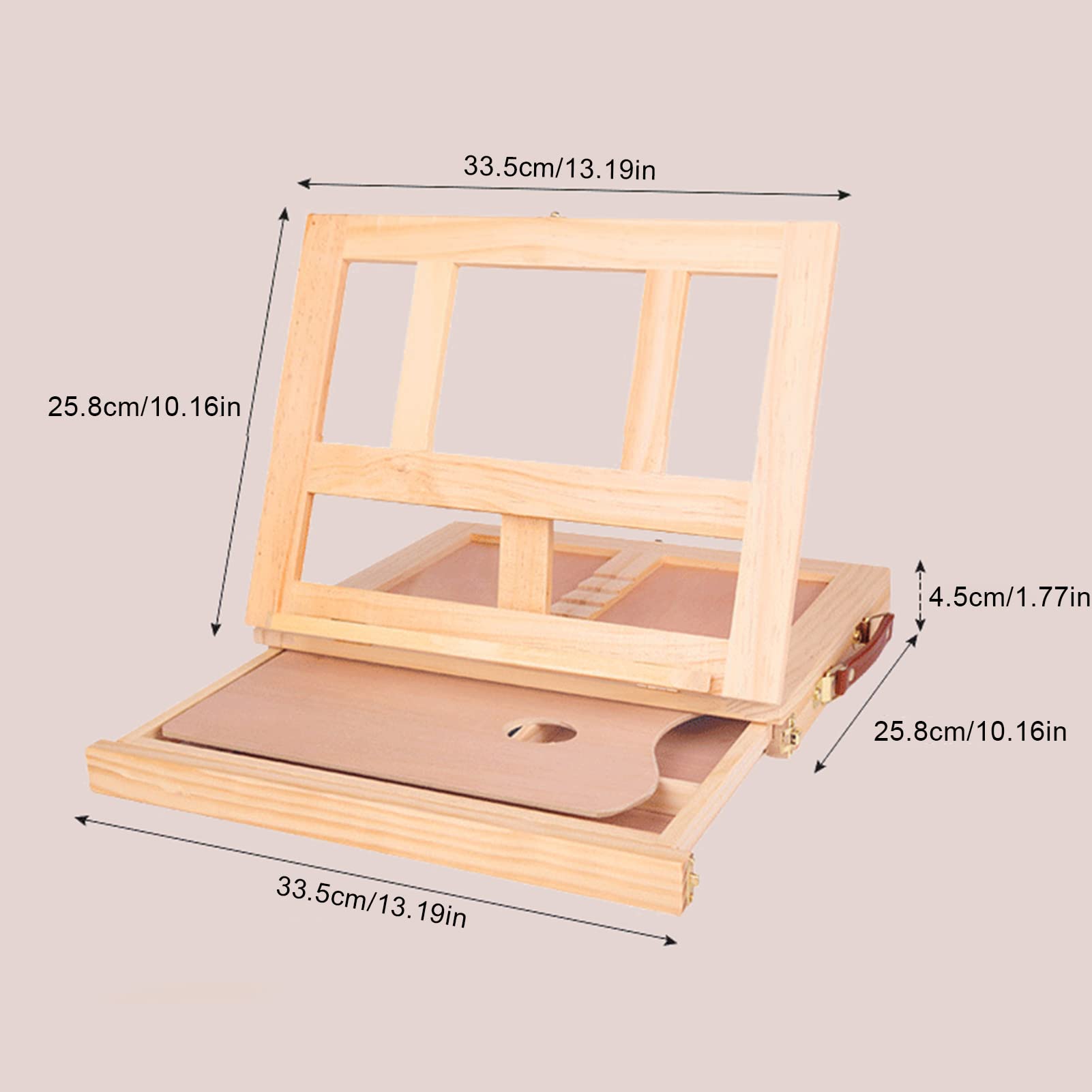 Sorandy Caballete de Mesa, Barra de Riel Ajustable, 4 ángulos, Plegable, Liviano, Resistente, Soporte de Exhibición de Madera de Pino con Cajón para Pinturas, Obras de Arte, Fotos,