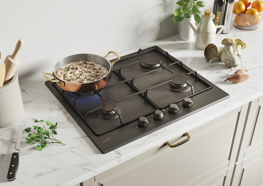 Candy Classic Piano Cottura a Gas 4 Fuochi, Acciaio Inossidabile, Bruciatore a Doppia Corona, Griglie Smaltate Leggere e Lavabili in Lavastoviglie, 59,5 x 51 x 1 cm, Color Antracite - CHW6BR4WGTGH