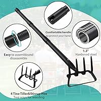 Vista 5 de Azada de jardín, azada de estribo con mango ajustable para excavadora de deshierbe aflojando el suelo, cultivador de jardín de metal con rastrillo