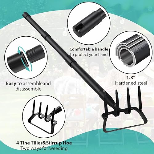 Miniatura 2 de Azada de estribo y cultivador mejorados, azada de jardín con mango ajustable para desmalezar, excavar, aflojar el suelo, azada hula de jardín de