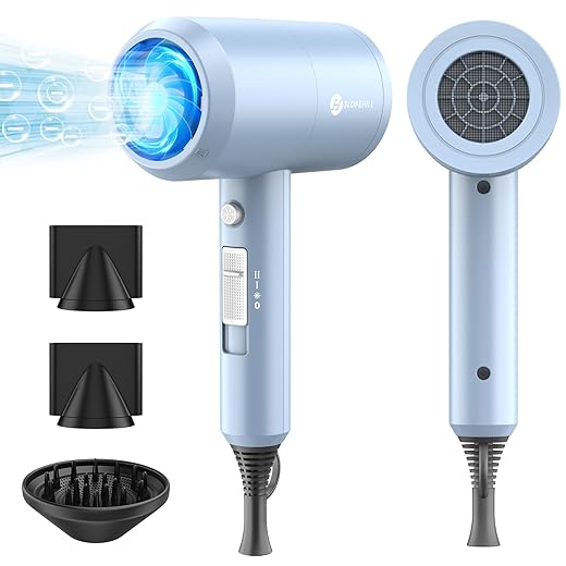 Slopehill Professional Ionic Hair Dryer, Powerful 1800W Fast Drying Low Noise Blow Dryer with 2 Concentrator Nozzle 1 Diffuser Attachments for Home Salon Travel (Matte Blue)