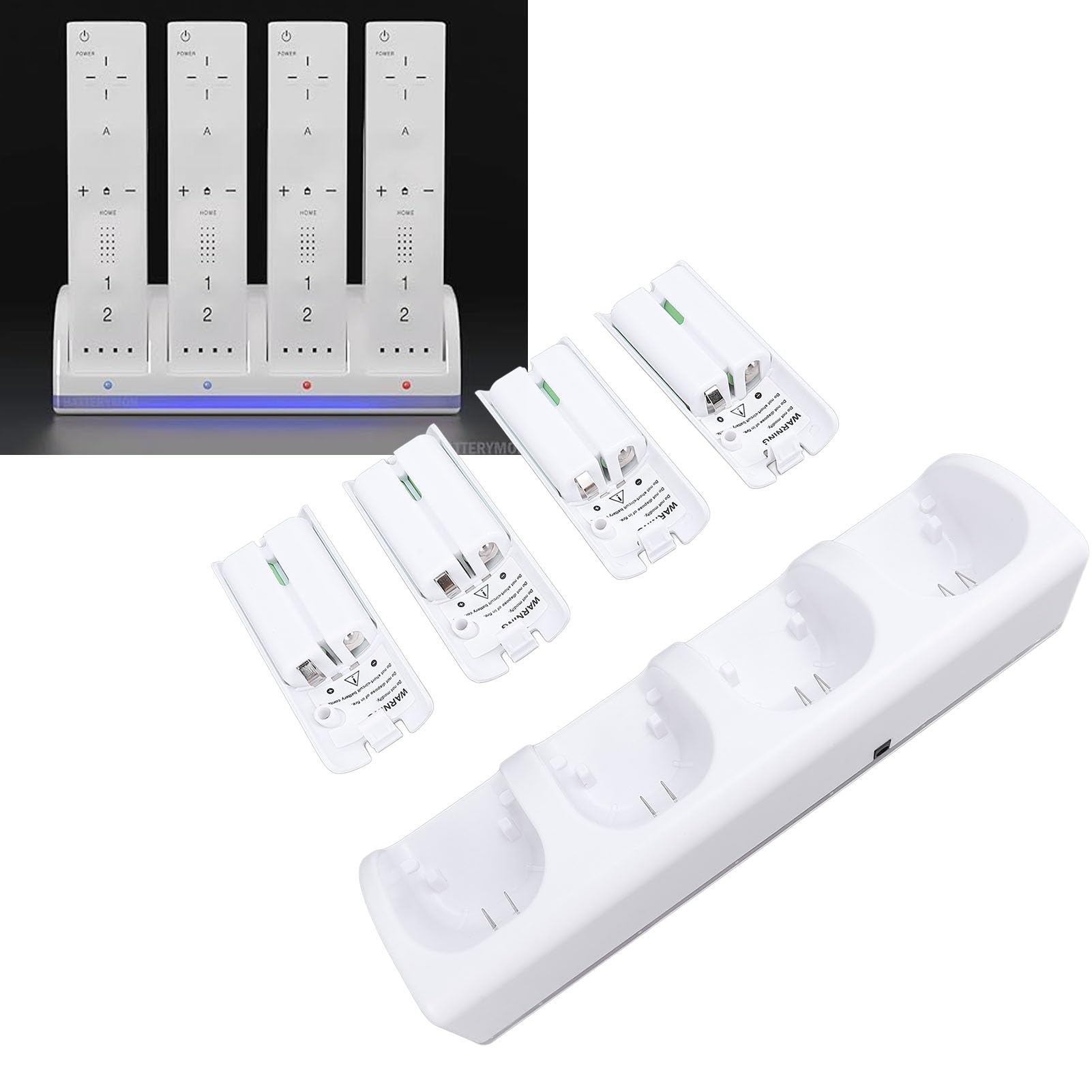 4 Fernbedienung Ladegerät Dock Station für Controller Ladestation mit 2800mAh Packs, LED-Licht-Display, USB-Kabel, Modisches Design (White)