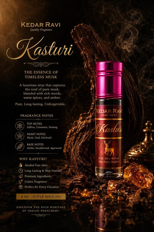 KEDAR RAVI Kasturi Attar Roll-On 8ml | Long Lasting Traditional Indian Perfume Oil | Alcohol Free Natural Fragrance Attar for Men & Women | Premium Musk Aroma 1