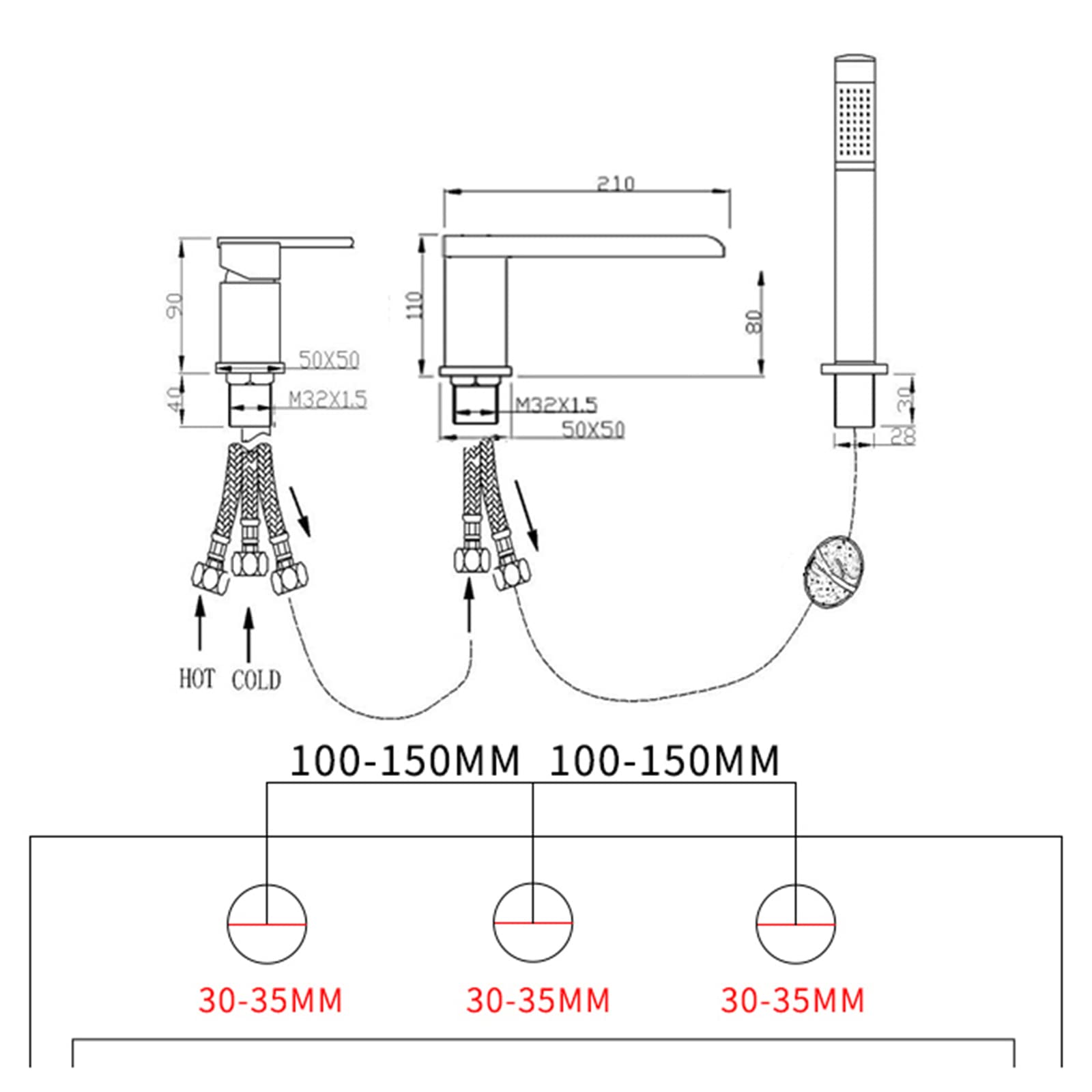 Bateria Wannowo-Prysznicowa Z 3 Otworami Bateria Wannowo-Prysznicowa Z Prysznicem Ręcznym Bateria Mieszająca Typu Wodospad Bateria Wannowa Zestaw Prysznicowy Bateria Wannowa Bateria Prysznicowa Czarn