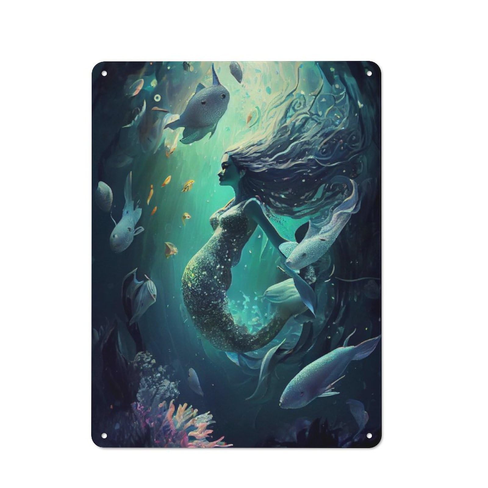 Junmoney Mermaid Underwater Rustic Tin Wall Plaque 40X30cm For Home Office Or Studio, For Garage, Workshop And Man Cave Decoration