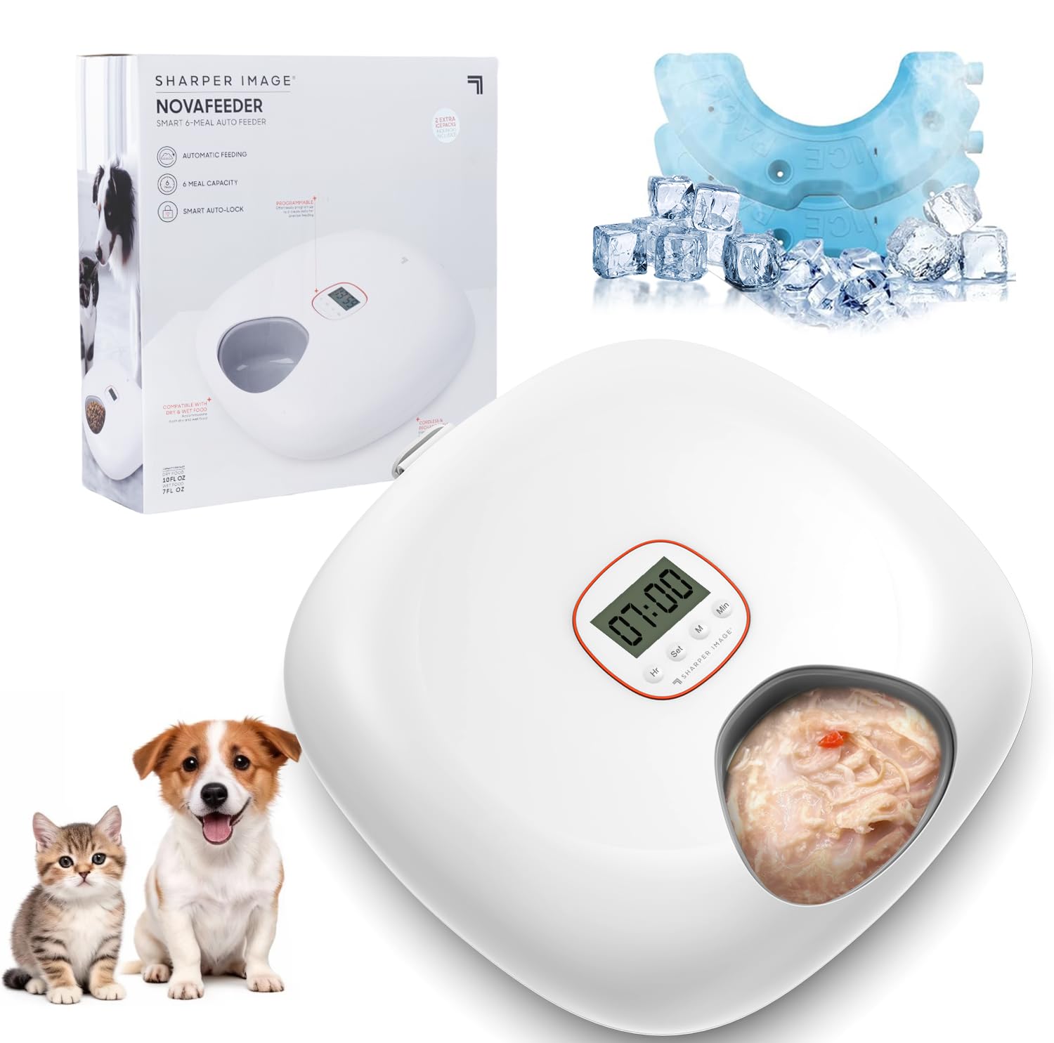 Automatic Cat Feeder Wireless, Sharper Image Auto Cat Food Dispenser for Wet Food with 2 Ice Packs, Rechargeable Auto Feeder for Cats with Programmable Timer Low Battery Indicator, White