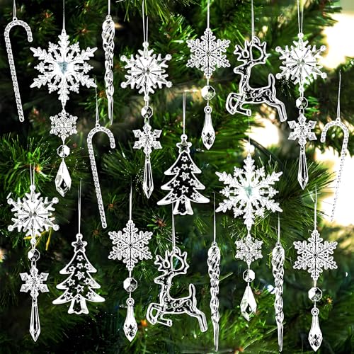 Raheem 18 Pcs Clear Acrylic Crystal Christmas Hanging Decorations Snowflake, Icicle, Reindeer, Tree & Candy Cane Ornaments with Strings, Elegant Xmas Tree Ornaments for Winter Holiday & Home Décor