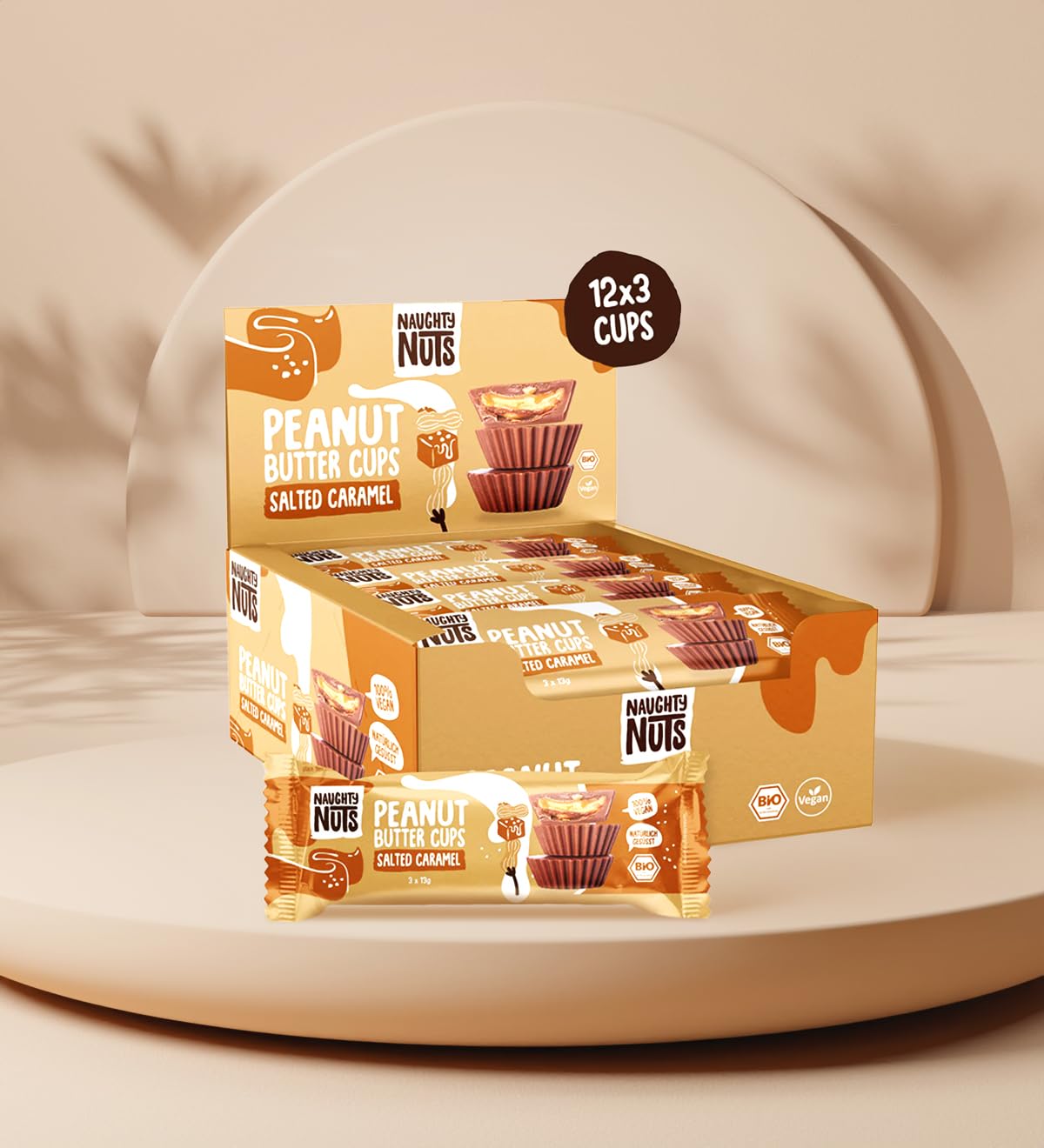 Naughty Nuts Bio Barritas de Mantequilla de Cacahuetes con Caramelo Salado – Veganas, sin Aceite de Palma y con un 44% Menos de Azúcares Refinados – 12 x 39 g