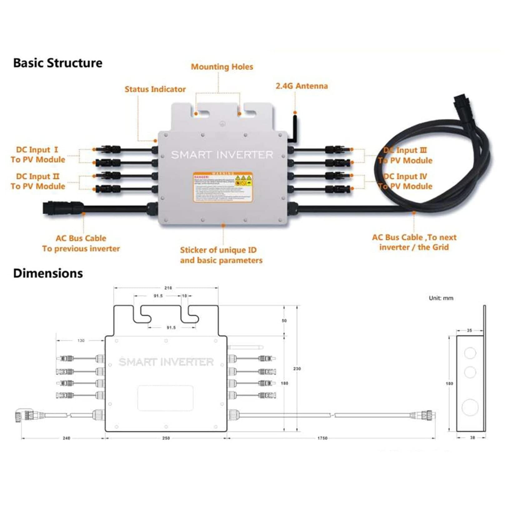Solar Grid Tie Micro Inverter, 600 W, 700 W, 1000 W, 1200 W, 1400 W IP65 Wodoodporna kontrola WiFi Automatyczna identyfikacja Przetwornica mocy Wyjście AC 120 V / 230 V,1400W-220V