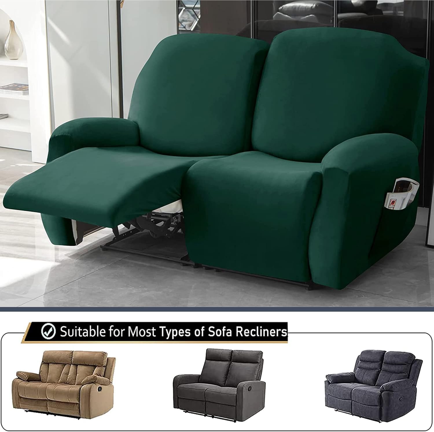 Fundas de terciopelo para sillas reclinables, fundas elásticas de 6 piezas, protector de muebles suave antideslizante con bolsillo, funda duradera para sofá biplaza para una fácil limpieza, color