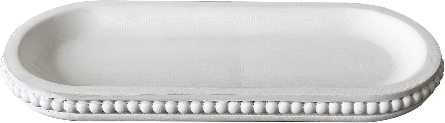 Wooden Farmhouse Decorative Tray — 12 Inches Rustic Beaded Tray for Living Room Decor, Kitchen Table Décor — Oval Coffee Table Serving Tray (White)