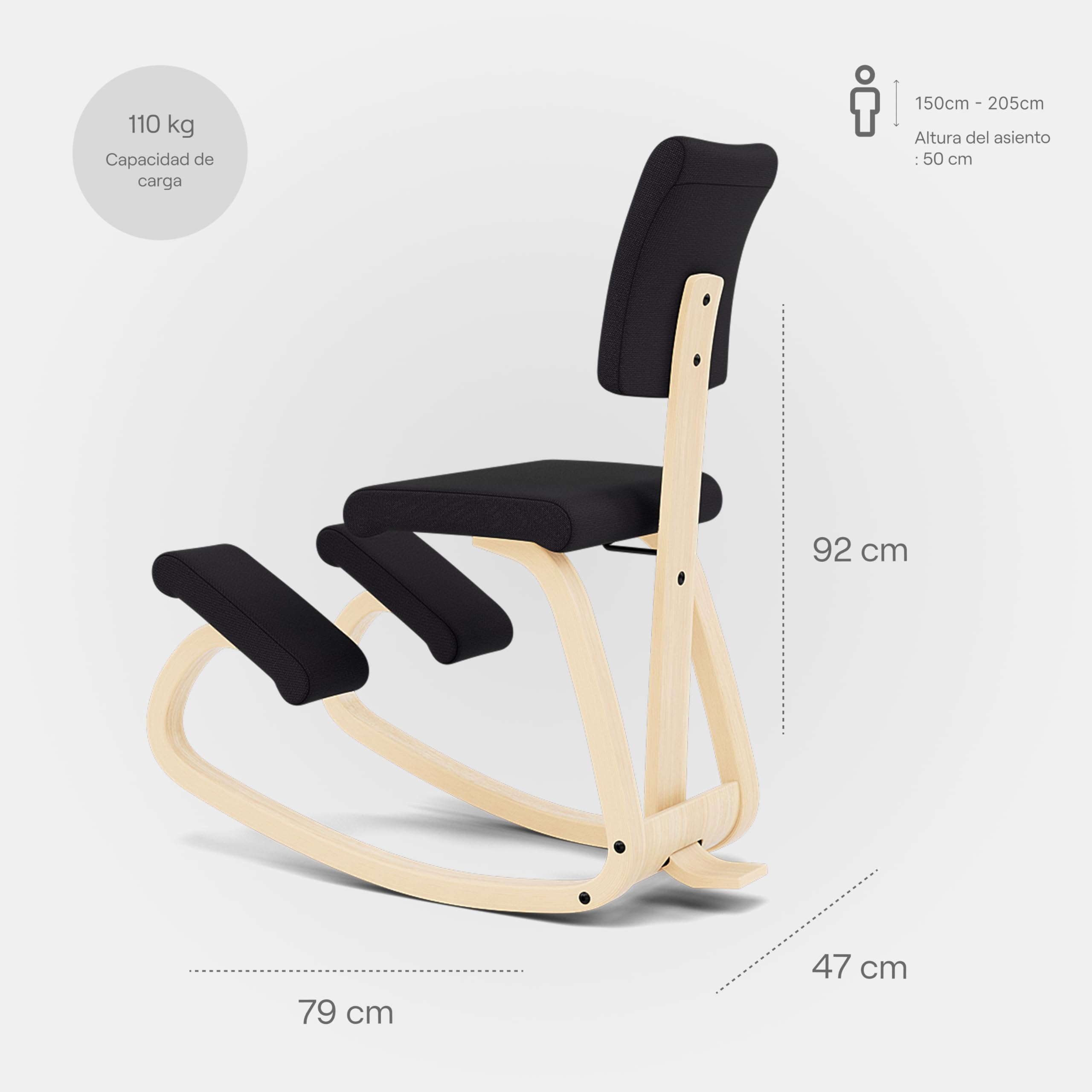 Varier Variable Plus Silla Ergonómica de Rodillas con Respaldo Natural/Negro – Silla de Oficina con Diseño Escandinavo, Postura Activa y Comodidad – Garantía de 10 Años