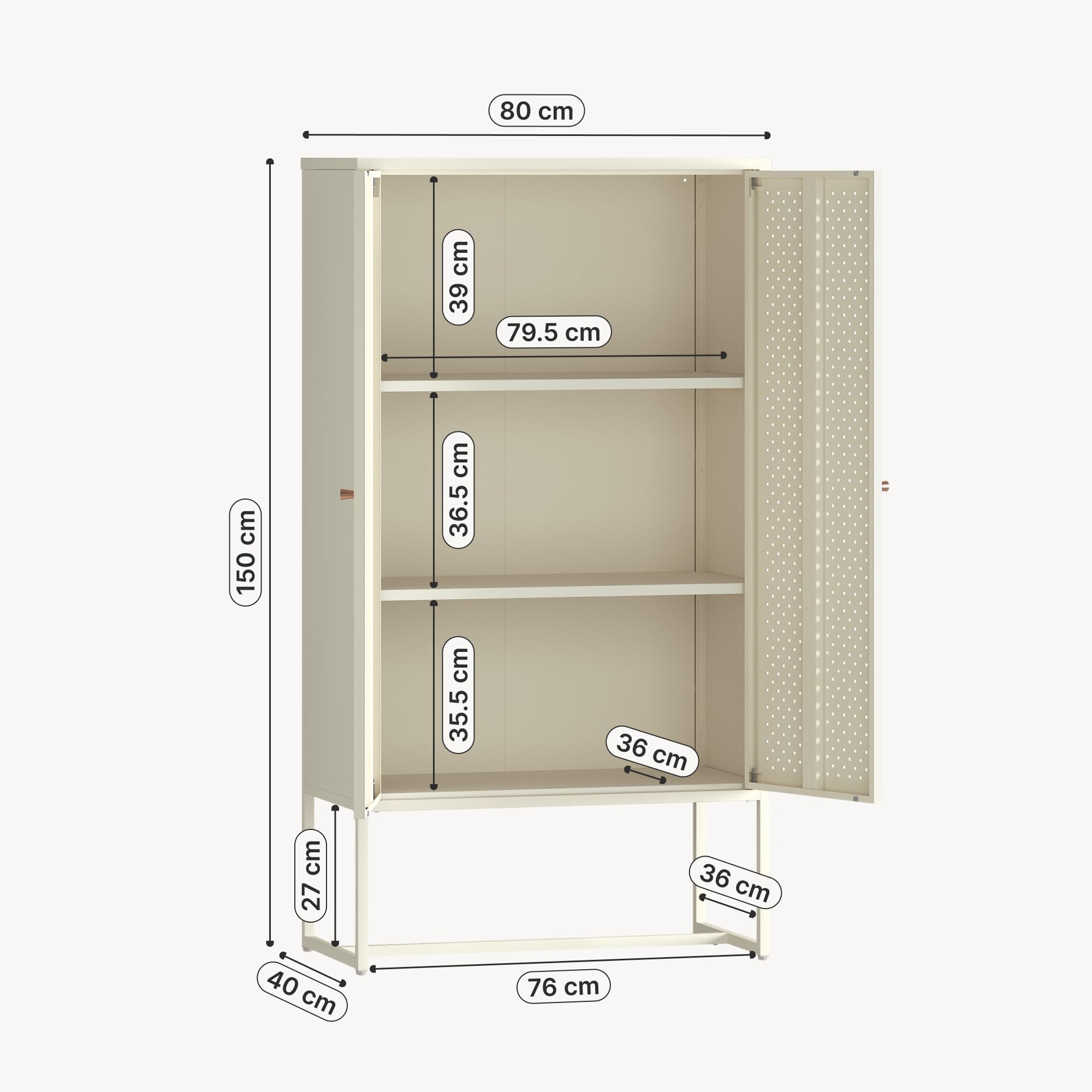 [en.casa] Wohnzimmerschrank Viitasaari Highboard mit 2 Türen Metallschrank aus Stahl 3 Fächer Büroschrank 150 x 80 x 40 cm Aufbewahrungsschrank Cremeweiß