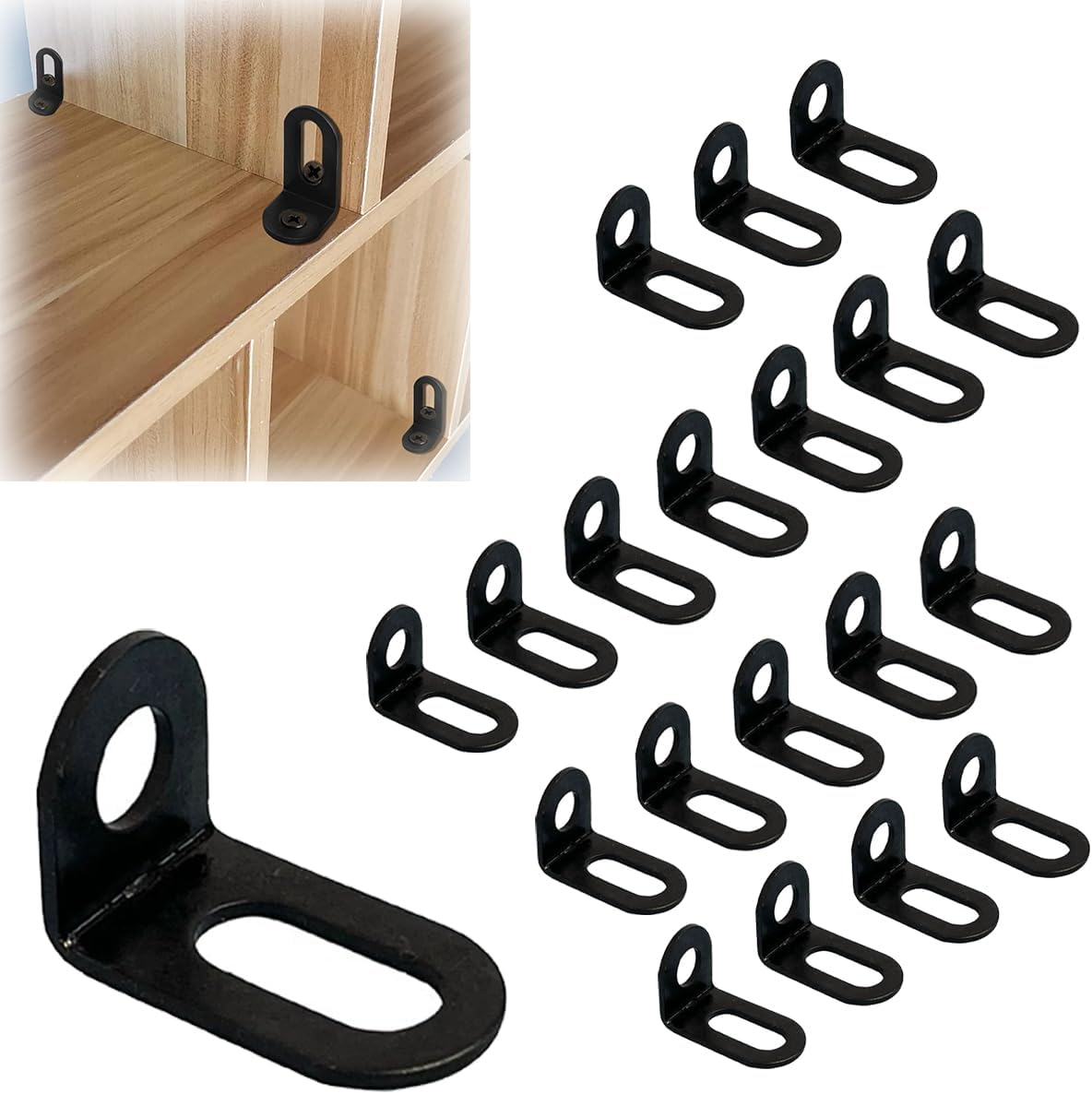 20PCS Black Metal Adjustable Right Angle L Brackets 90 Degree Corner Fastener Heavy Duty Brace Support for Wood Furniture Shelf Cabinet Desk Chair