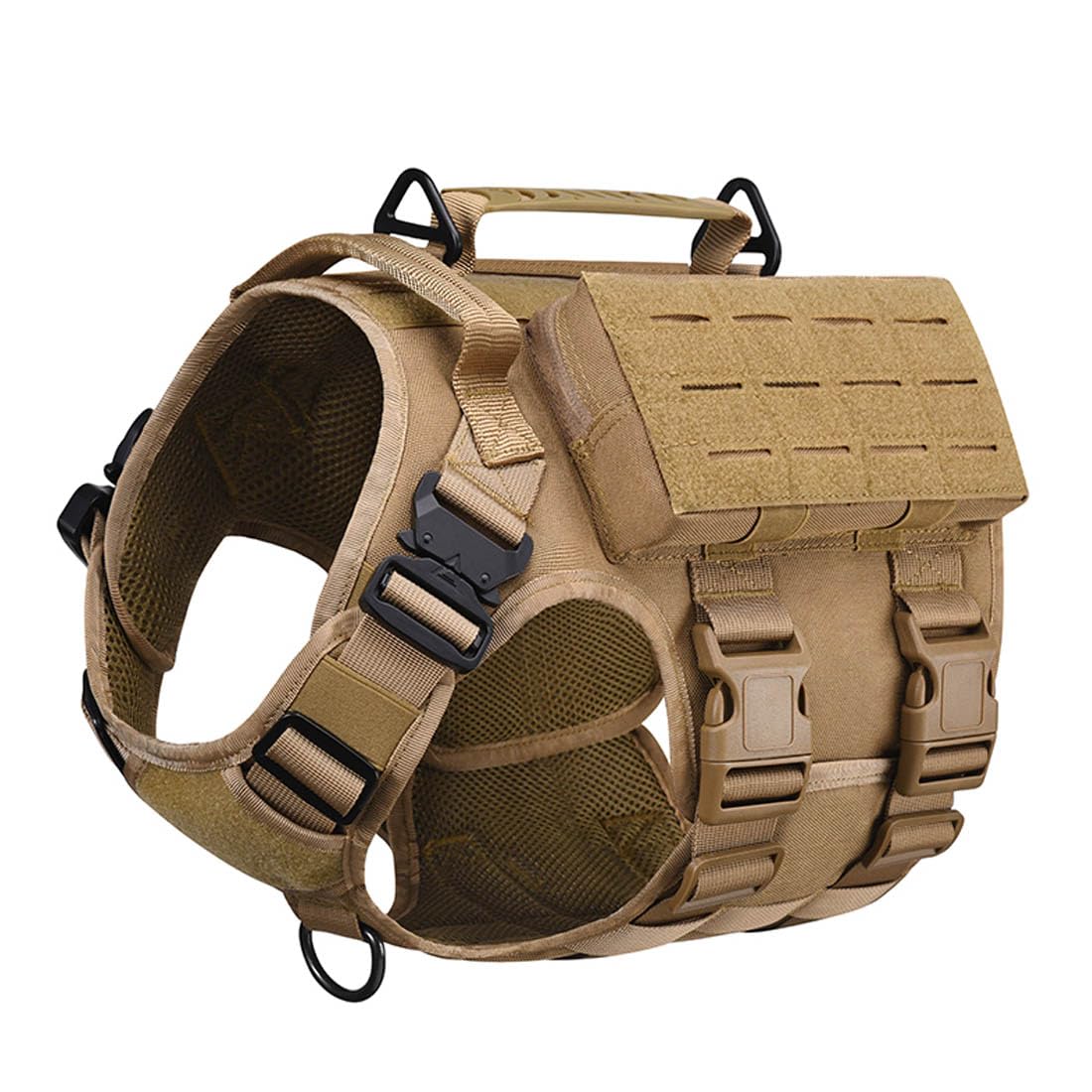 Arnés para perros con 3 bolsillos, 2 asas, 3 anillas en D, táctico acolchado, ajustable, arnés de seguridad Molle para perros medianos y grandes (marrón, L)
