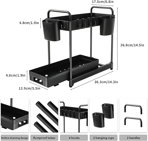 Miniatura 3 de Organizadores y almacenamiento debajo del fregadero estante de almacenamiento de 2 niveles para debajo del baño con 6 ganchos almacenamiento