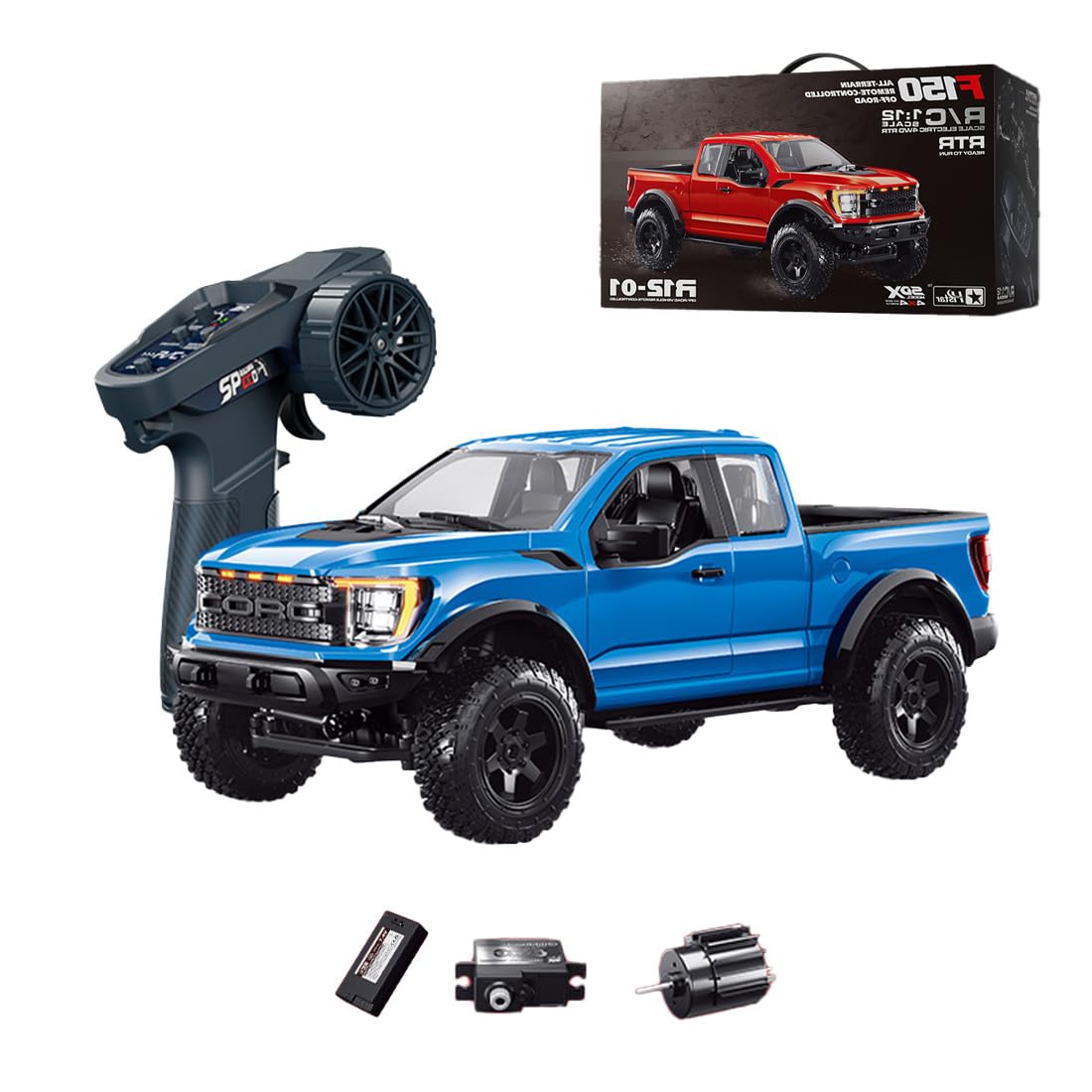 RCXTechPro 1:12 Scale F-150 Raptor 4WD RC Truck Off Road Pickup Remote Control Car with High Speed Motor, LED Lights, Independent Suspension (R12-01Q/Blue/1 Battery)