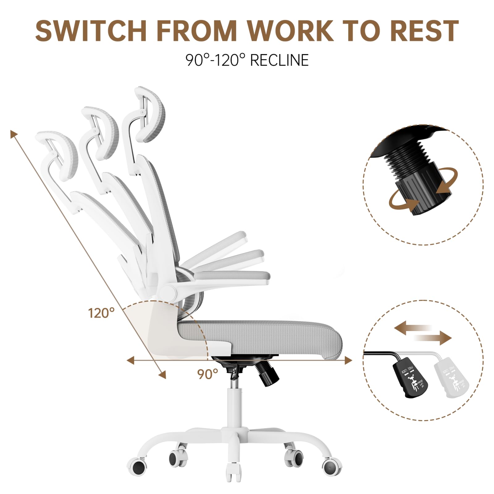Silla de oficina giratoria ergonómica con función de balancín, reposacabezas ajustable y reposabrazos abatibles, respaldo de soporte de 4 zonas, soporte lumbar dinámico, asiento de malla