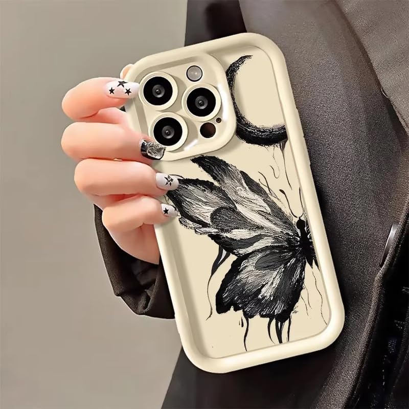 Image of COVERLY Grunge Butterfly Back Case Cover for iPhone 12 Pro | Hot 3D Monochrome Moon Cute Design | Camera Lens Protection | Soft TPU Silicone Aesthetic Print Cover for Girls & Women (Beige, Shockproof)