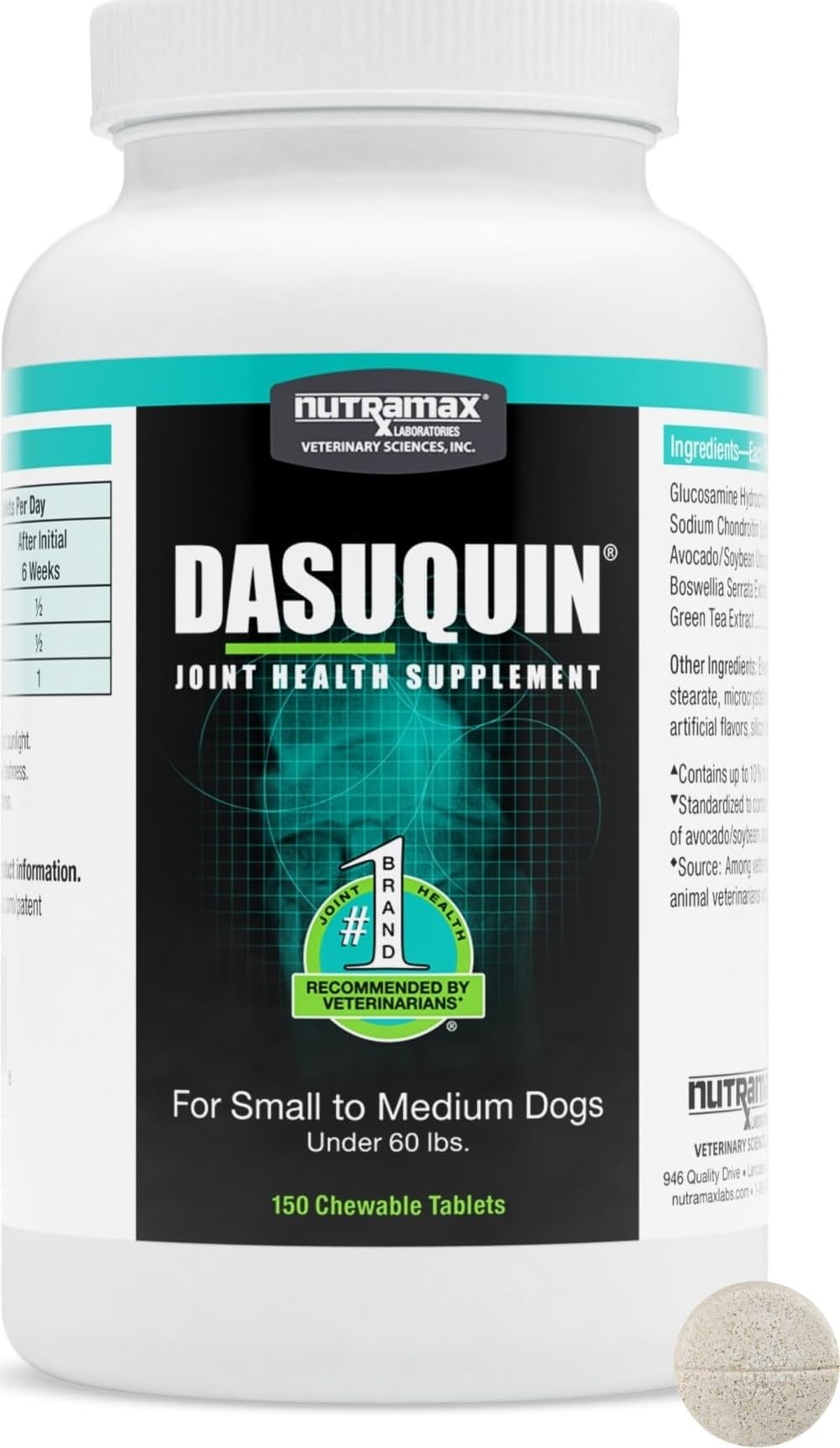 Nutramax Dasuquin for Small to Medium Dogs, Joint Health Supplement, Contains Glucosamine for Dogs, Plus Chondroitin, ASU and More, Supports Healthy Joints, Chewable Tablets, 150 Count | Glucosamine and Chondroitin & ASU, Supports Healthy Joints, For Dogs under 60 lbs, All Ages, Chewable Tablets Under 60-Pound