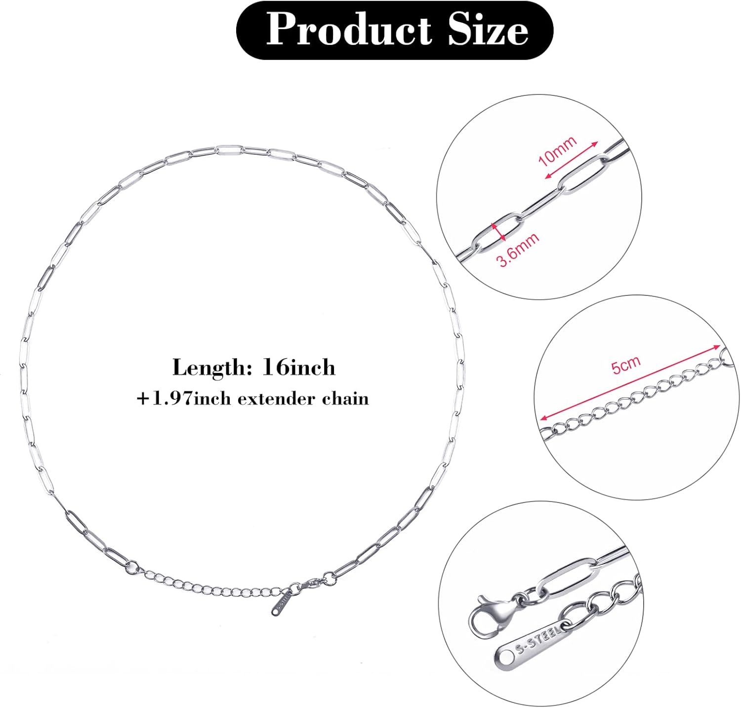 YOUBEIYEE 10pcs Stainless Steel Chain Necklace for Women and Men 2.5mm/3.5mm/4mm Wide Paperclip Necklace Chains Bulk 16/18/20 Inches - Image 2