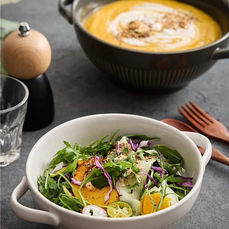 Tazón de sopa de cerámica Retro tazón de sopa de cerámica hogar doble mango tazón de fruta tazón para pasta ensaladera Platos de cena(A)