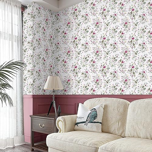 VaryPaper Pink Floral Wallpaper Peel and Stick Tropical Leaf Contact Paper 44.5cmx200cm White Sticky Back Plastic Flower Prints Lining Paper for Wall Art Deco Wallpaper for Living Room Bedroom - Image 2