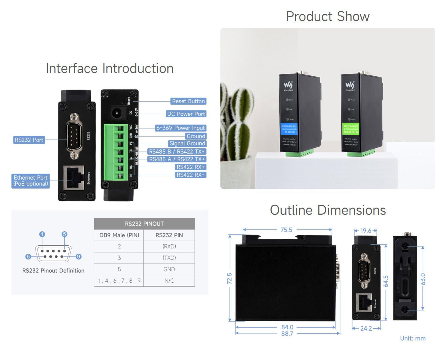 Waveshare Rail-Mount Serial Server RS232/485/422 to RJ45 Ethernet Module POE Function TCP/IP to Serial Supports Modbus Gateway for Data Acquisition IoT Gateway and Intelligent Instrument Monitoring