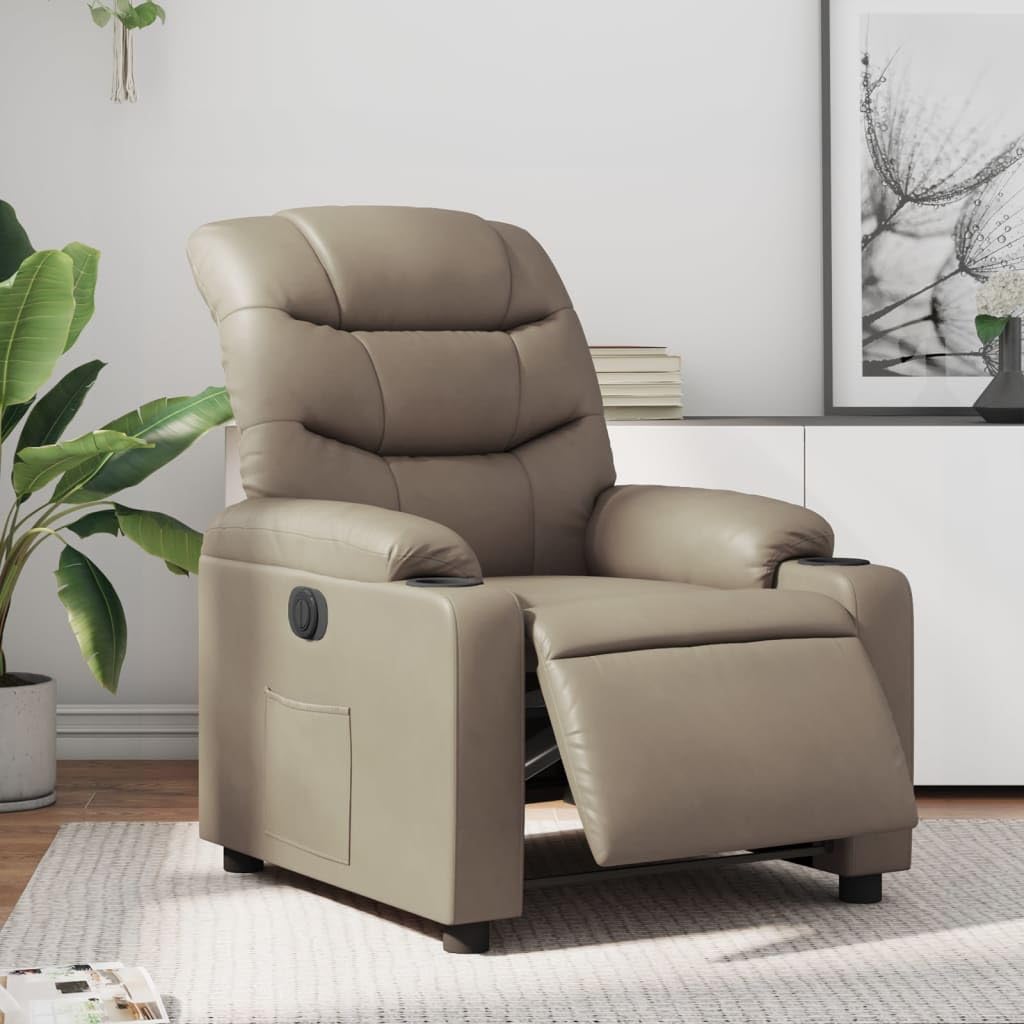 Fotel relaksacyjny elektryczny cappuccino, sztuczna skóra, z regulowanym oparciem i podnóżkiem, ergonomiczne siedzisko z podłokietnikami, do salonu, biura, czytania, oglądania telewizji