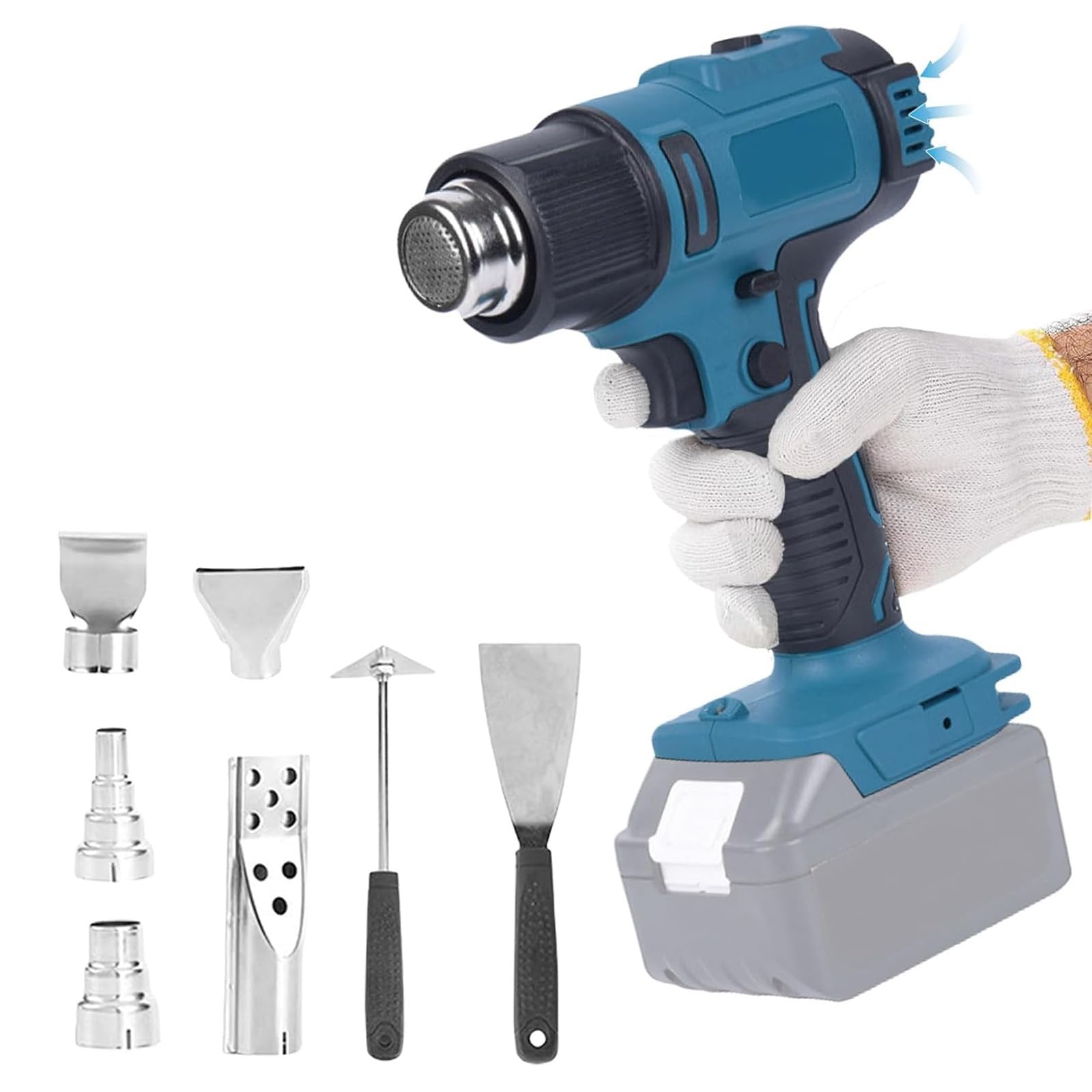 Pistola termica a batteria compatibile con batteria Makita da 18 V, con regolazione del volume d'aria a 2 livelli, temperatura fino a 550 °C e 7 ugelli per saldatura, piegatura di tubi (senza batterie