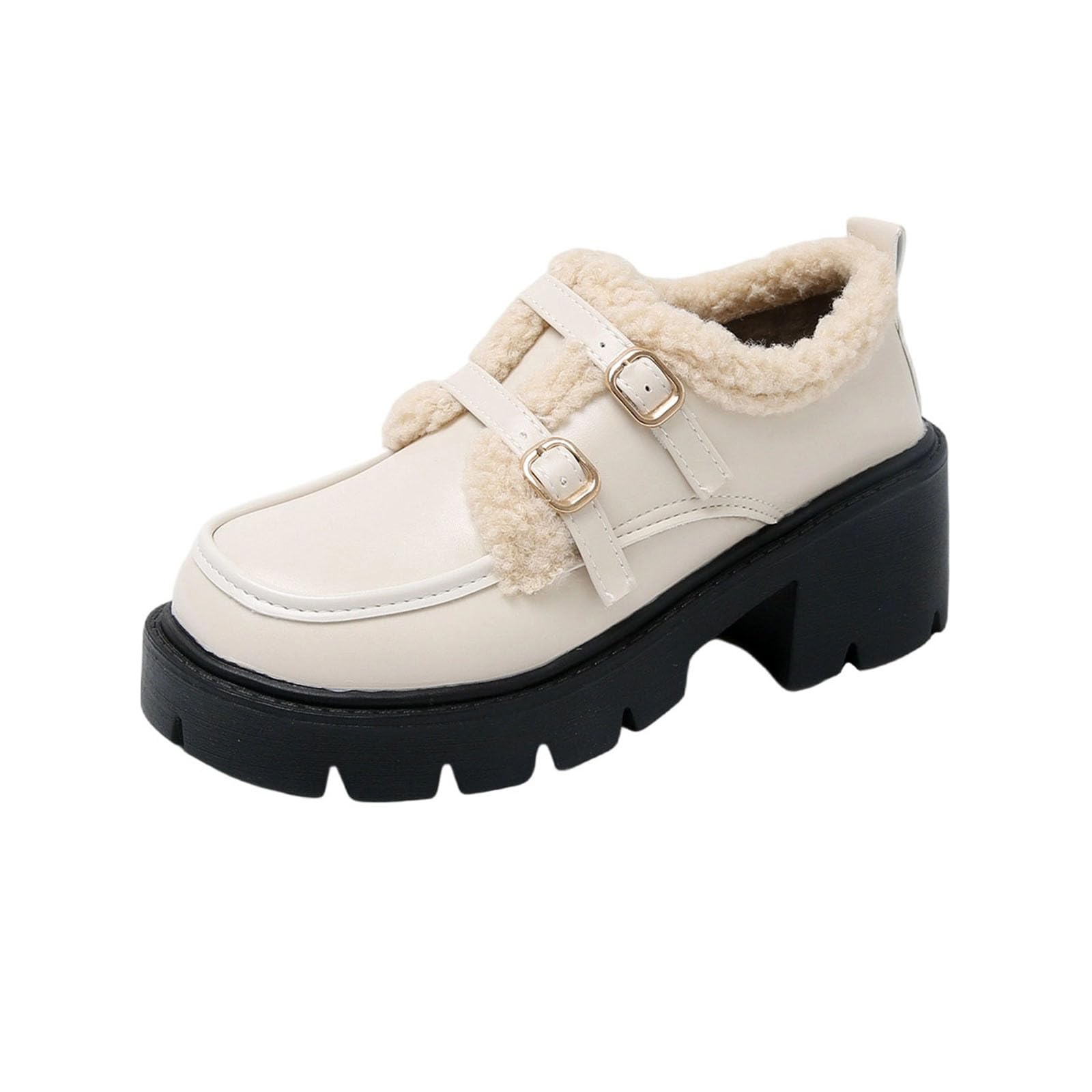 Loafers for Women Platform Chunky Oxfords Boot Warm Slip On Casual Shoes Buckle Strap Warm Fur Lined for