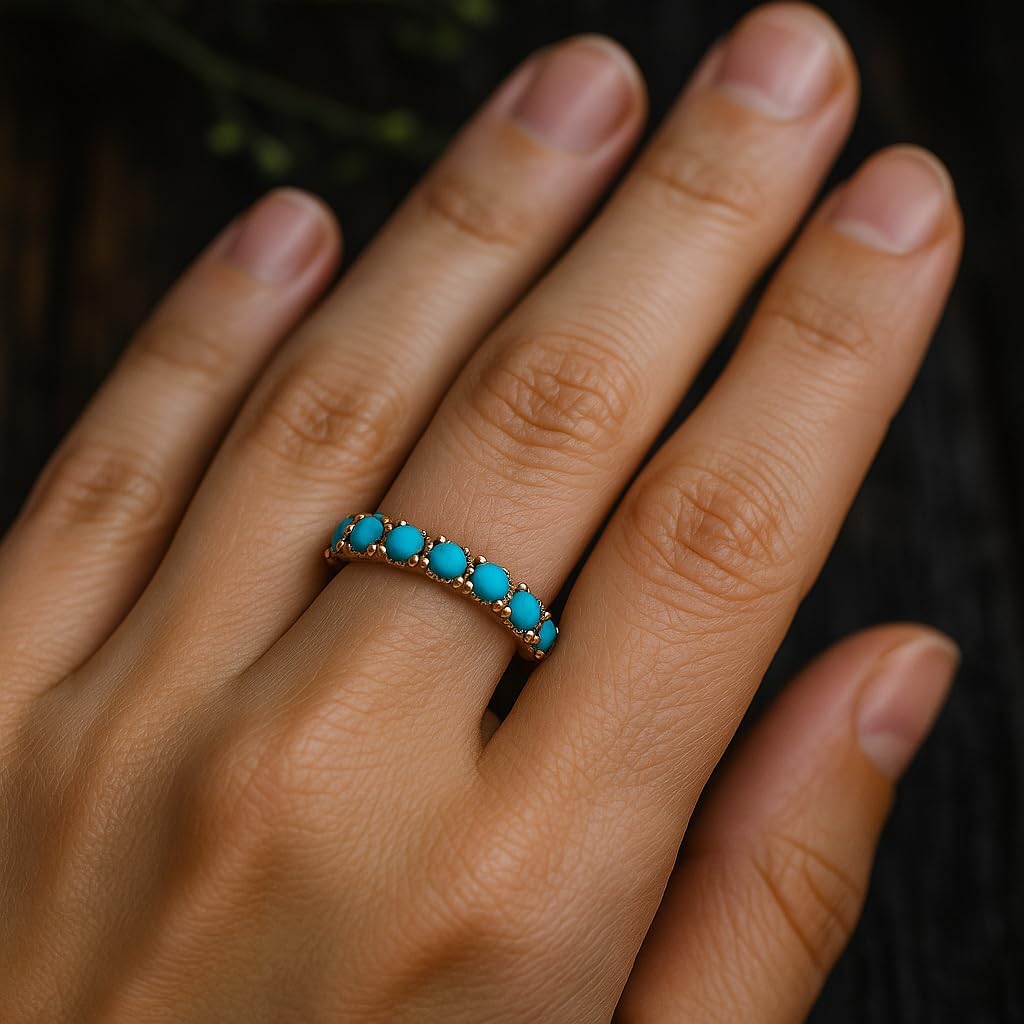 Natural Turquoise Art Deco Bridal Wedding Band 18K Yellow Gold Turquoise Half Eternity Band Anniversary Prong Setting Jewelry Gift For Love