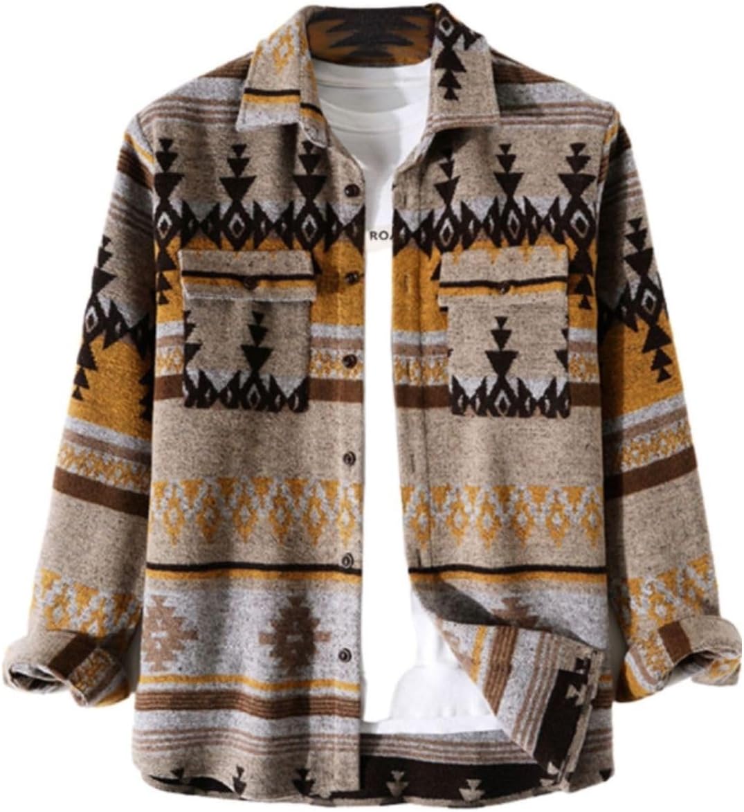 FindThy Men’s Brushed Flannel Shirts Ethnic Aztec Print Button Up Lapel Tribal Shirt Jacket Shacket