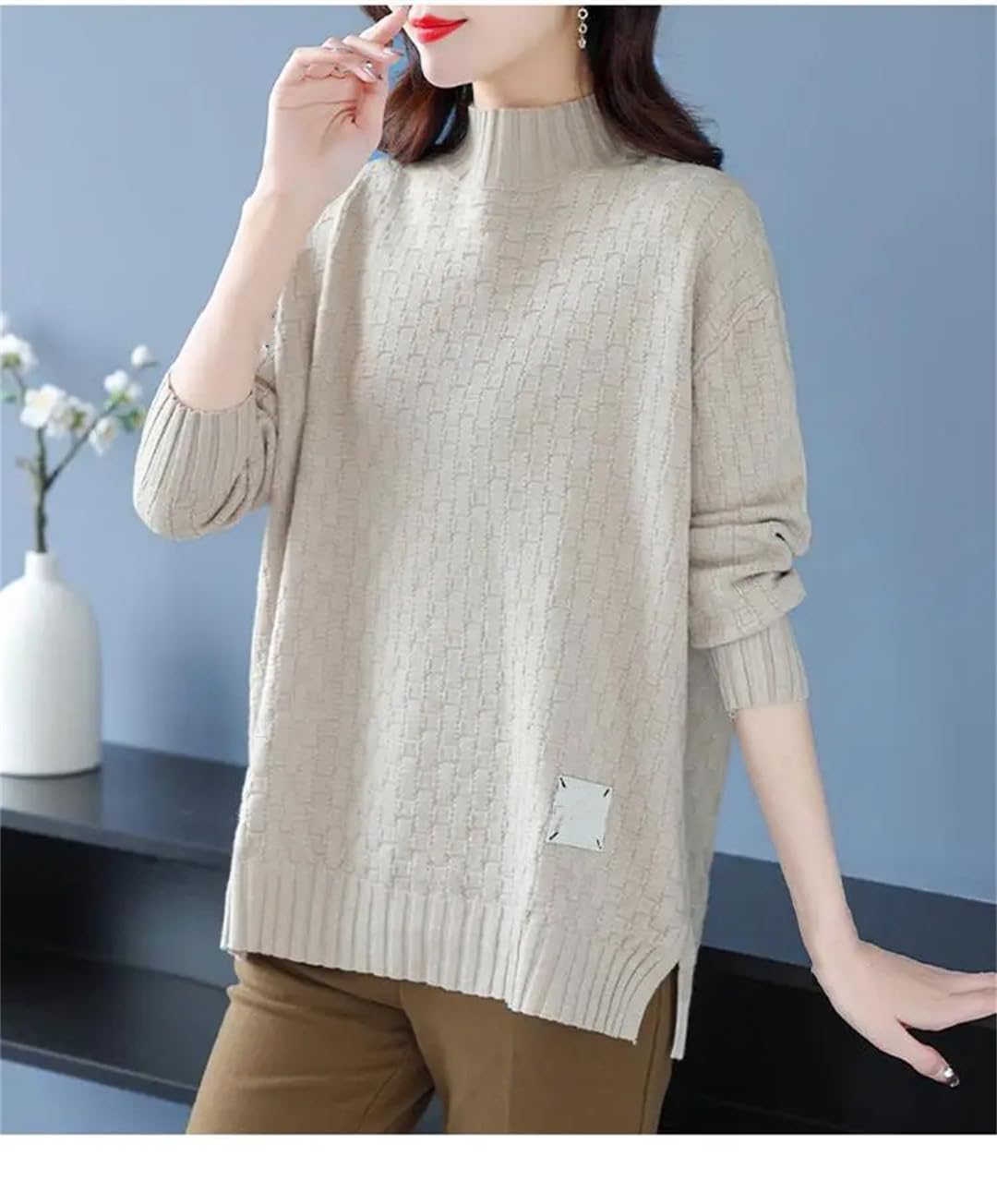 Lässiger Damen-Pullover, locker, mittellang, dick, gestrickt, hoher Kragen, solider Pullover