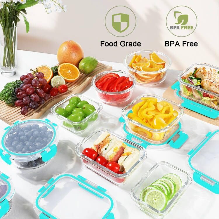 BAYZZ 24 Piece Glass Food Storage Containers with Lids, Airtight Glass Meal Prep Containers for Kitchen, BPA-Free Lunch Box, Microwave and Freezer Safe,Green - Thumbnail 2