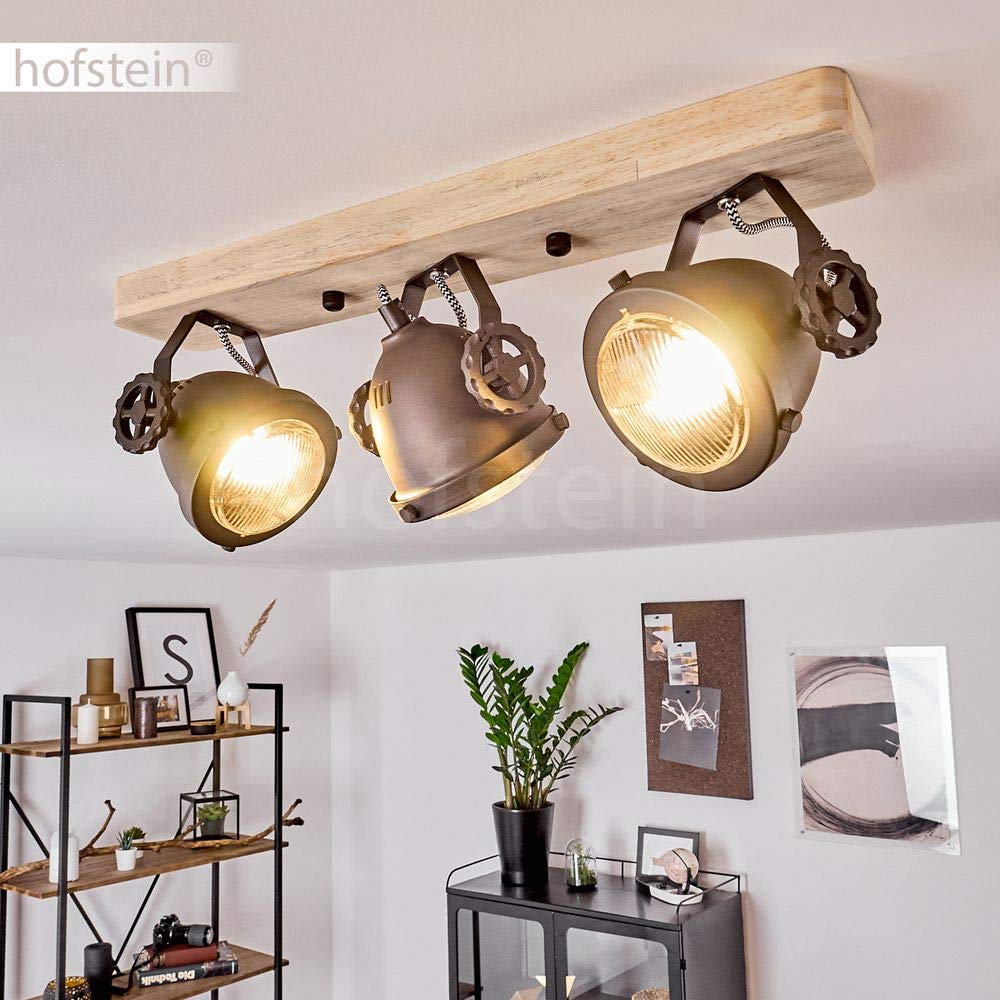 HOFSTEIN Deckenleuchte Herford, verstellbare Deckenlampe aus Metall/Holz/Glas in Natur/Braun/Klar, Leuchte im Industrial/Retro/Vinntage-Design, 3 x GU10, Esszimmmer, Schlafzimmer, Wohnzimmer, Küche