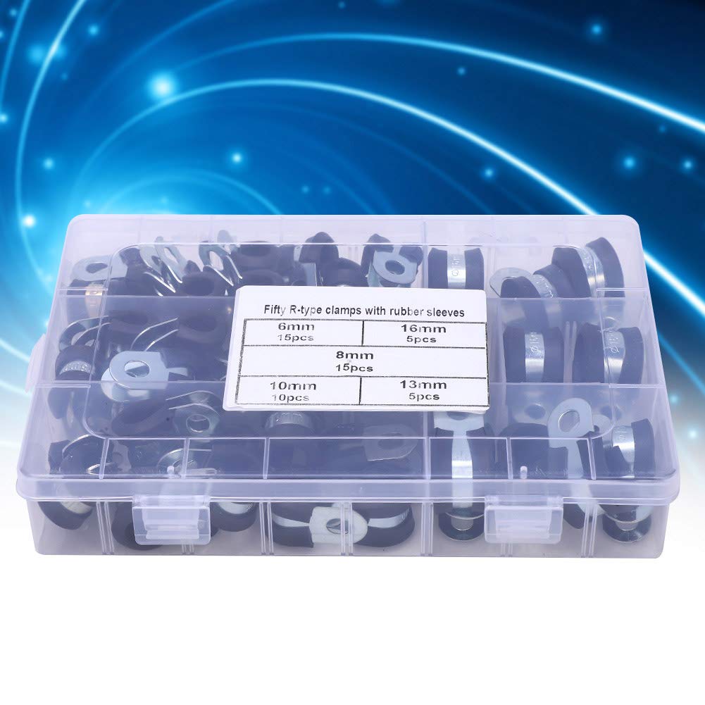50pcs R Type Hose Clamp Set, Rubber Padded Electrical Wire Cable, 6 16mm Size Range, with Plastic Storage Box, for Vehicle Petrochemical Machinery