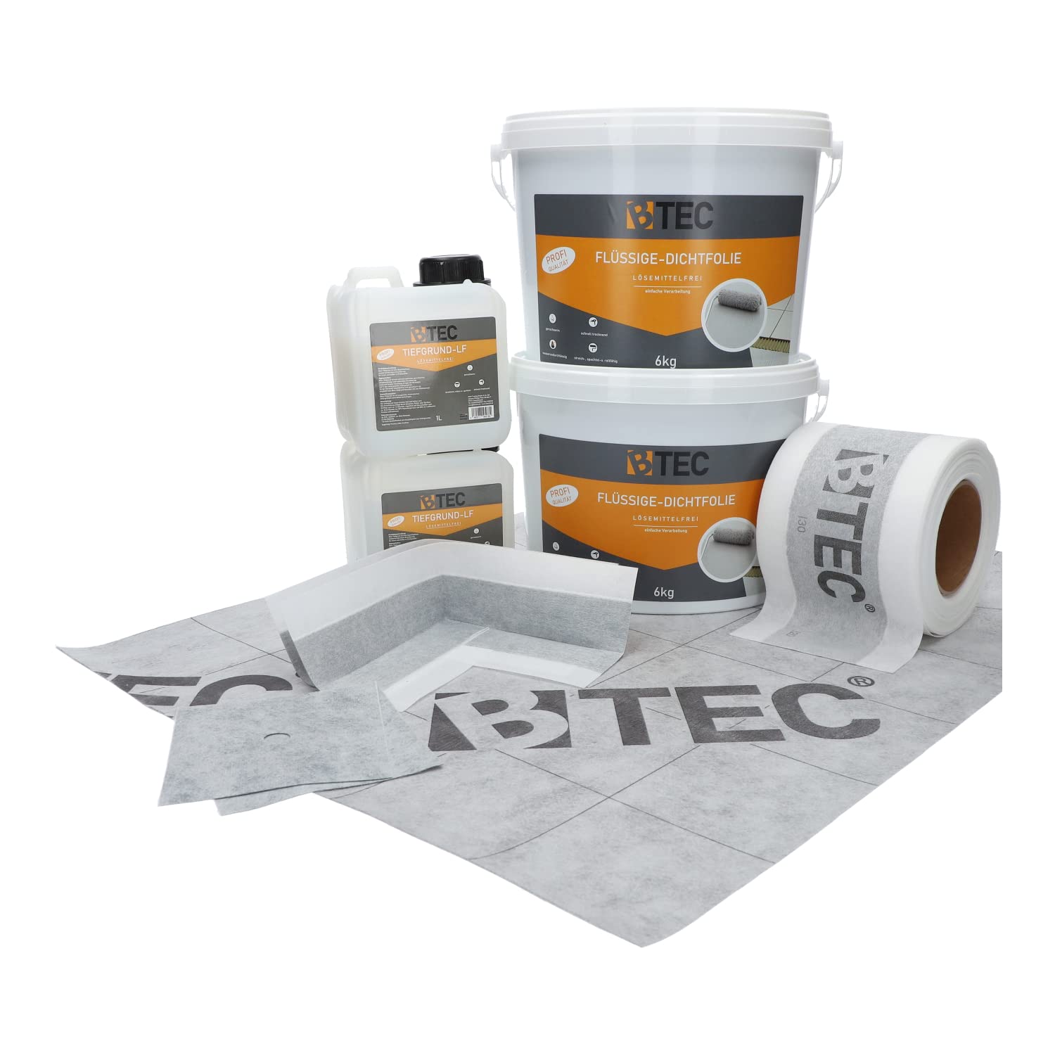BTEC Dicht-Set 3B Dichtmaterialien Innenecken Wandmanschetten Tiefgrund | Abdichtungsbahn 12kg Flüssigdichtfolie Dichtband große Duschnische Standard Verbundabdichtung Innenbereich