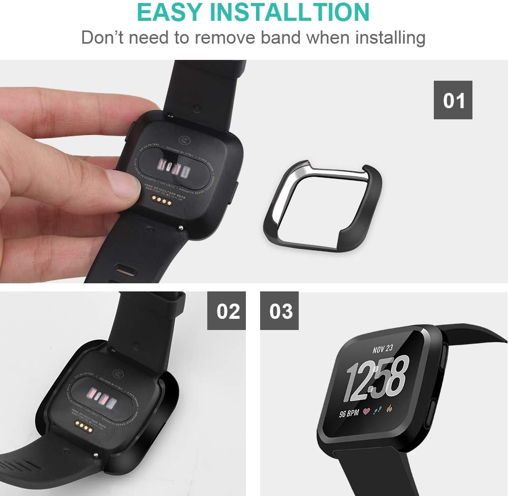 Tensea Compatible with Fitbit Versa Lite Screen Protector Case, 2 Packs Soft TPU Bumper Full Around Cover Protector for Fitbit Versa Lite Editon (Black + Clear)