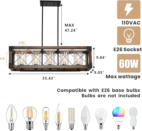 Miniatura 4 de Iluminación de isla de cocina de granja, lámpara de comedor de 5 luces sobre la mesa, candelabro rectangular de madera rústica, lámparas colgantes