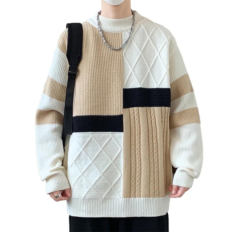 Autumn Winter Men's Knit Sweater Patchwork Loose Casual Pullovers Men O-Neck Knitted Streetwear Tops2