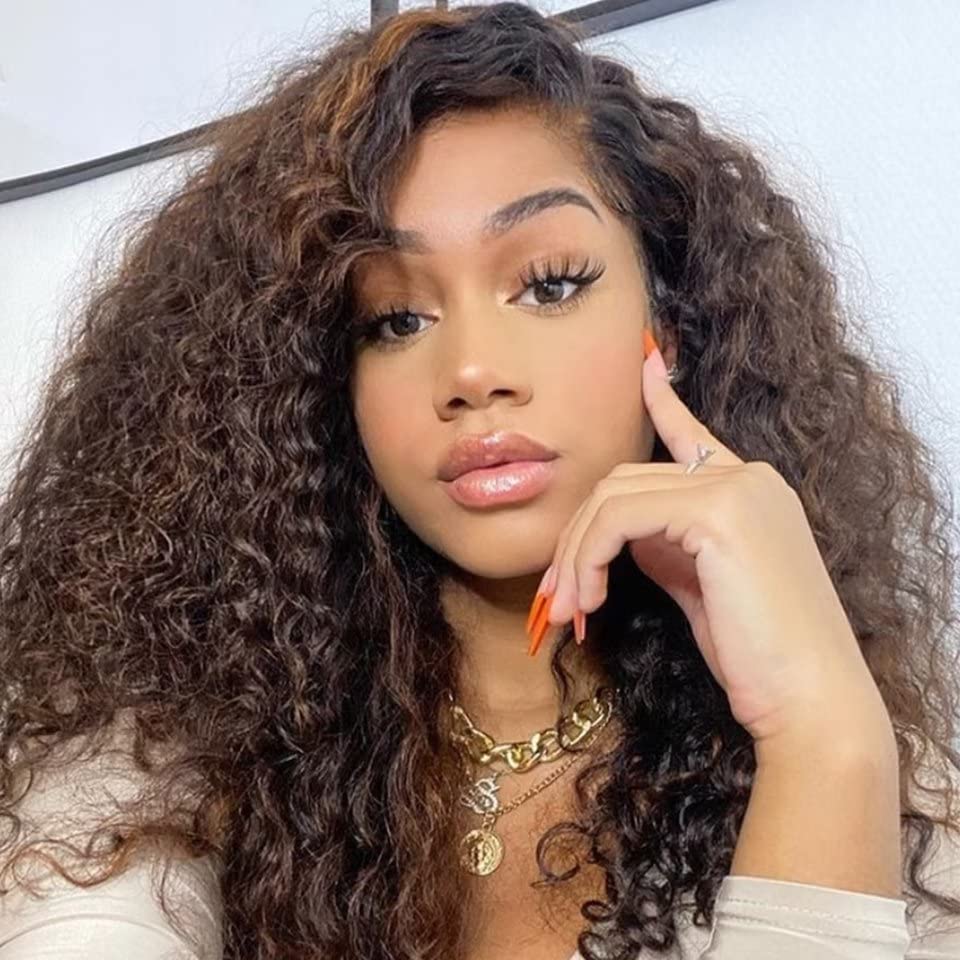 Afro Kinky Curly Human Hair Wigs Women Brown Lace Front Wig 13X4 Human Hair Wigs Ombre Blonde Curly Wig Pre Plucked With Baby Hair Bleached Knots HD Transparent Lace Colored Wig 22"