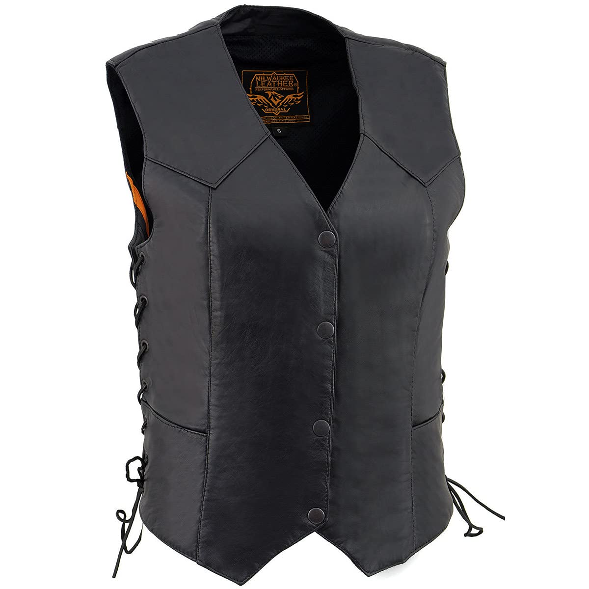 Milwaukee Leather SH1227L Womens Black Leather Side Laces Classic Western Motorcycle Rider Vest W 4-Snaps Closure