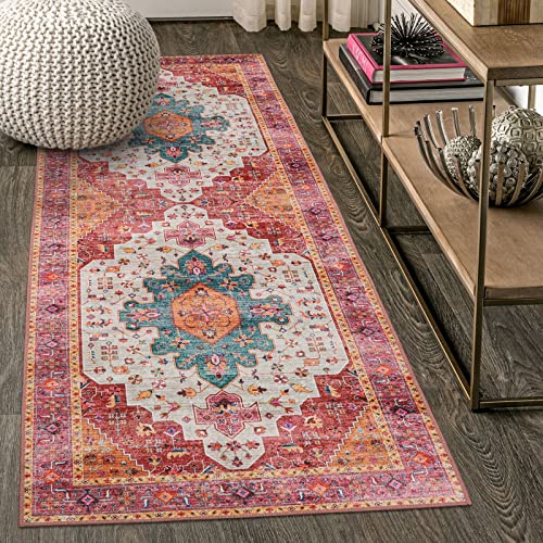 Moynesa Ultra-Thin Washable Pink Runner Rug - 2x6 Washable Long Hallway Rug Runner Kitchen Mat, Oriental Medallion Laundry Room Carpet Runner for Powder Dressing Room Cabinet Bedside Bathroom