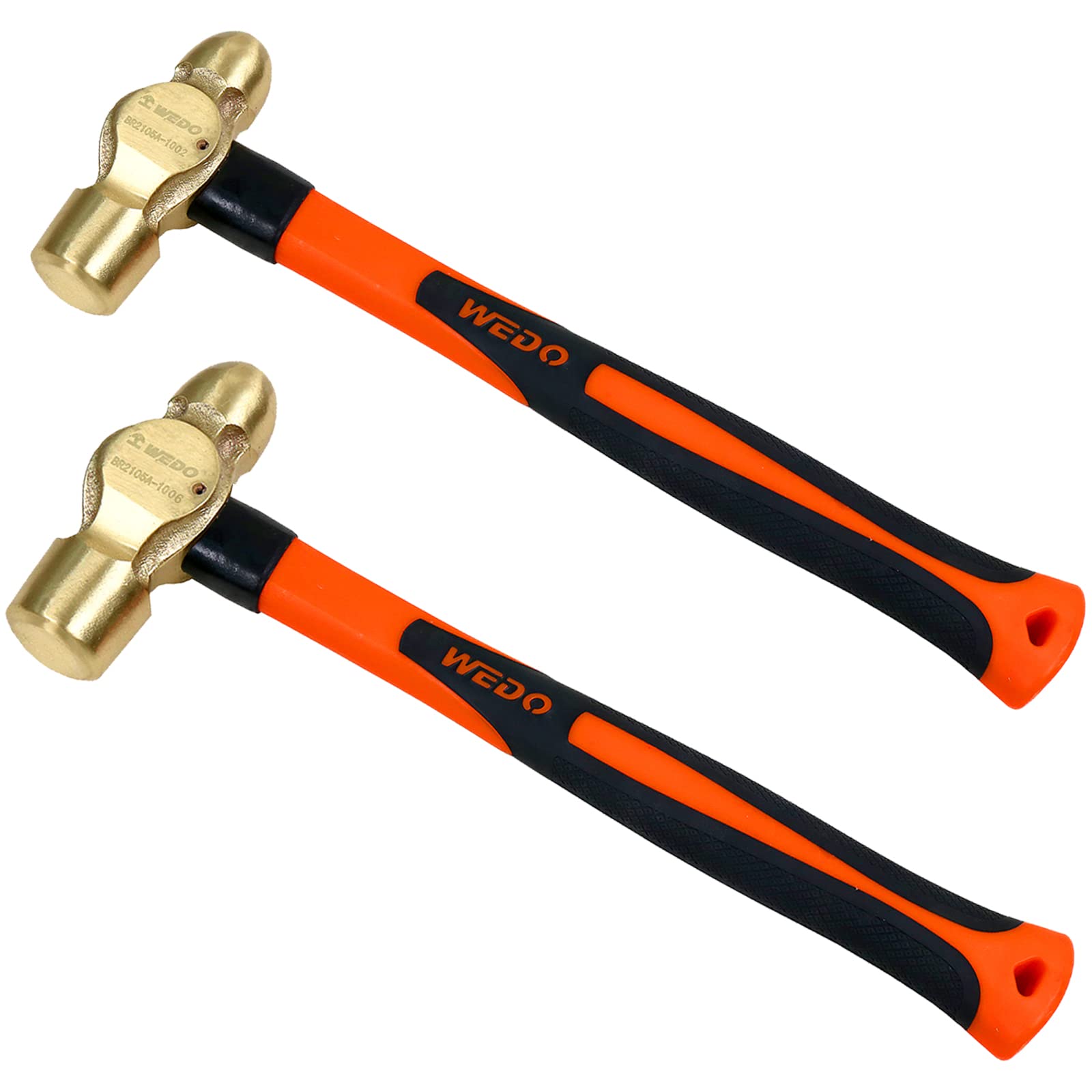 WEDO 2PCS Brass Ball Peen Hammer Set,1/2lb+1lb,Fiberglass Handle,Die-Forged,Corrosion Resistant,DIN Standard